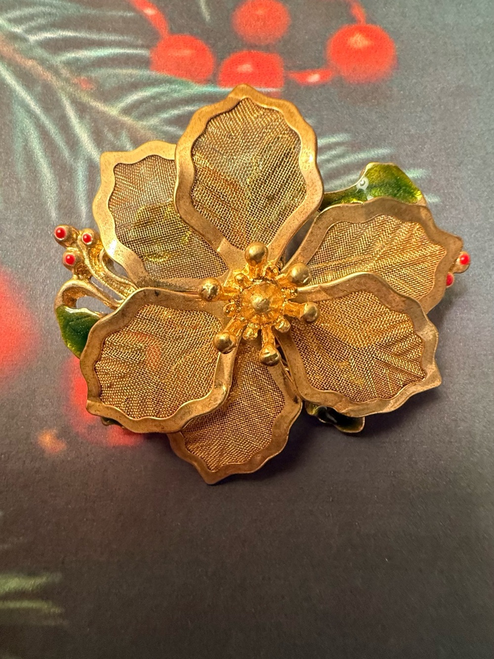 Gold-Tone Floral Brooch Pin with Red and Green Accents